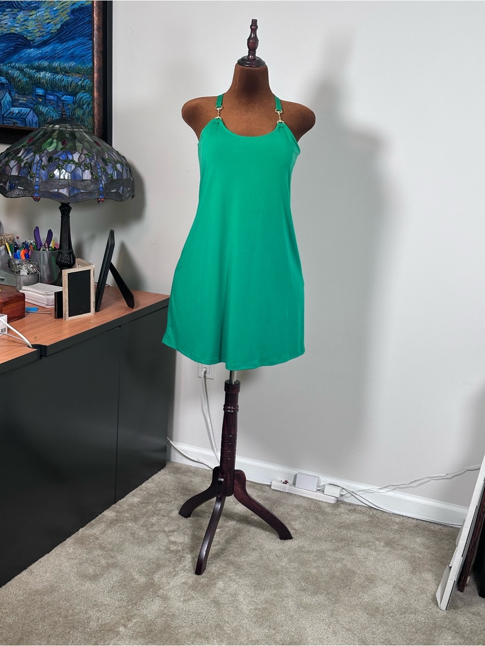 Boston Proper Emerald Green Slip Dress with Gold Ring Strap